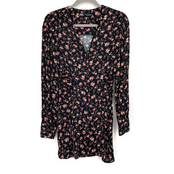 Zara Black Pink Rose Print Mini Dress Small - Picture 1 of 8